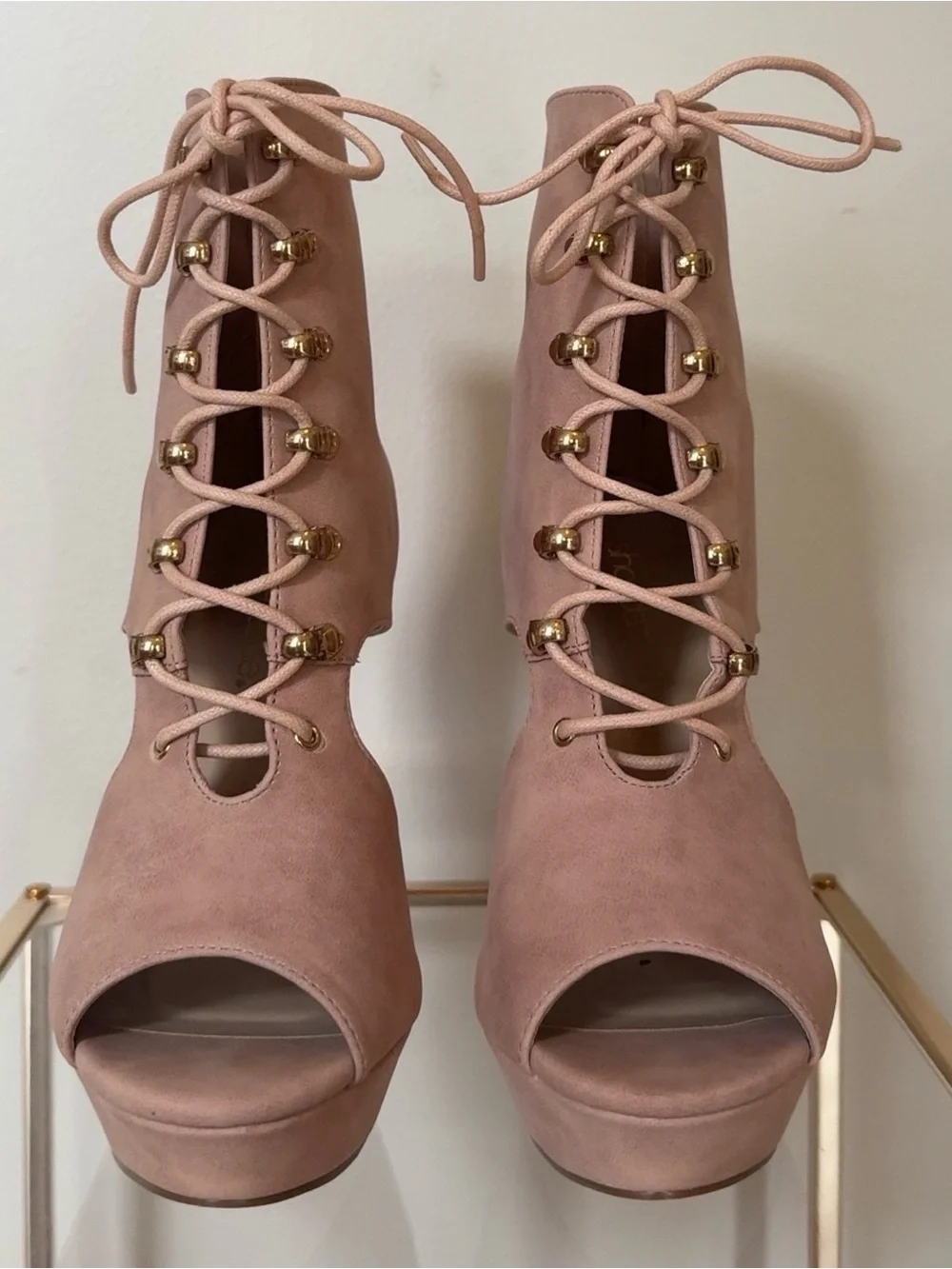 Blush Lace-Up Peep Toe Platform Heels
